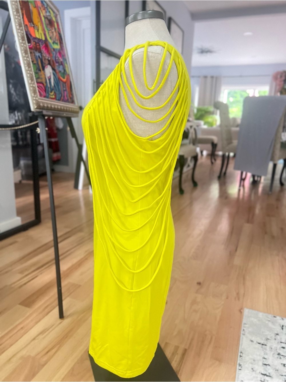 Fashion Nova Bright Yellow V-Neck Satin Dress with Fringe Straps - Picture 3 of 7
